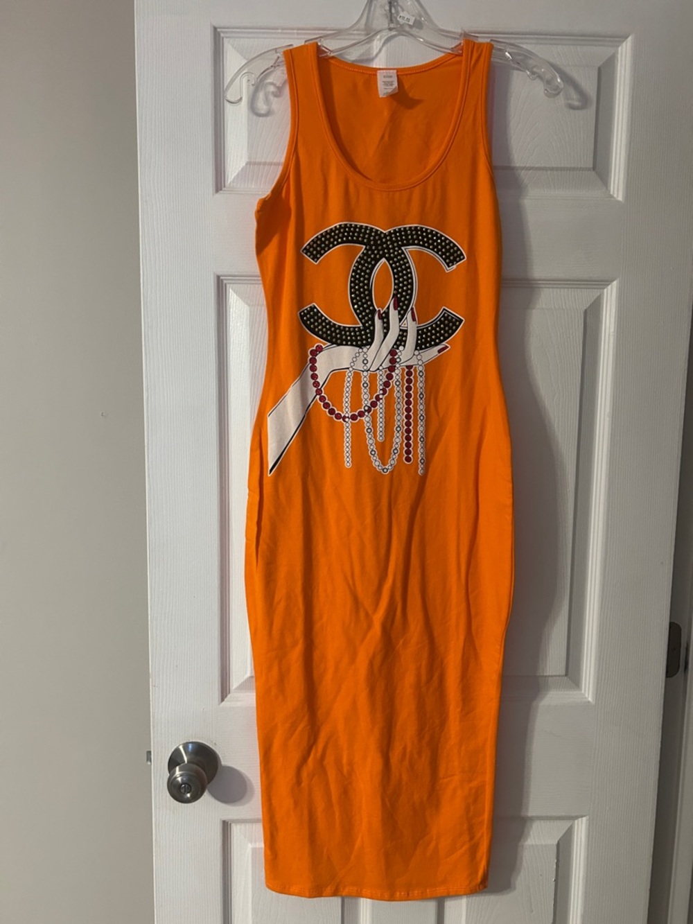 Orange Sleeveless Graphic Tank Dress with Interlocking CC Motif